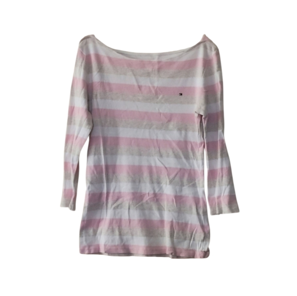Vintage Tommy Hilfiger Pink Cream White Striped 3/4 Sleeve Sweater Size Small
